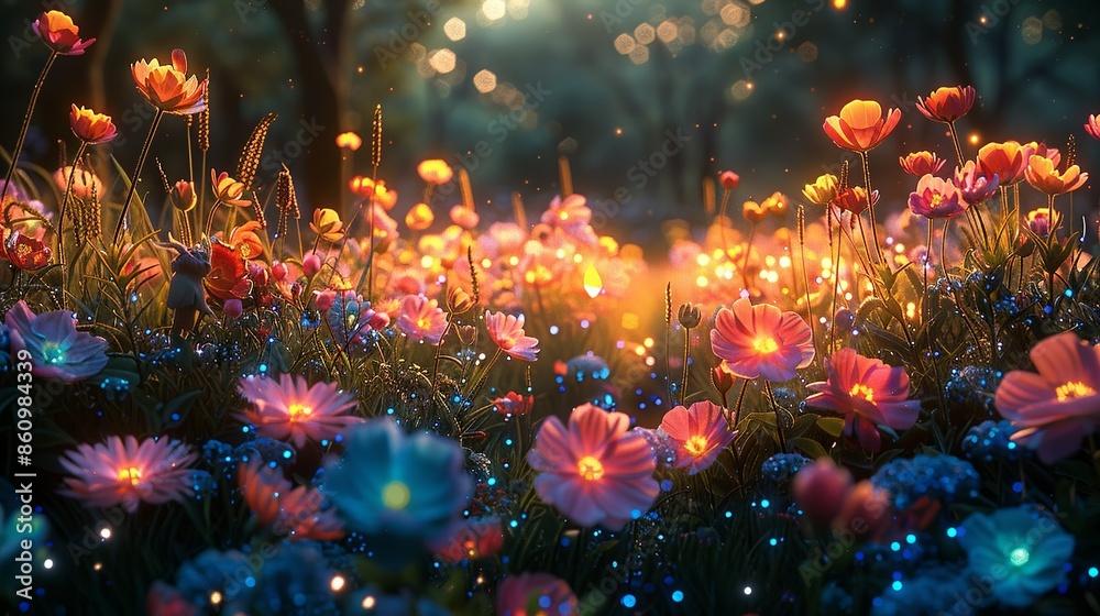 Fototapeta premium Enchanted garden filled with luminous flowers and whimsical creatures, creating a scene of wonder and magic. Illustration, Minimalism,