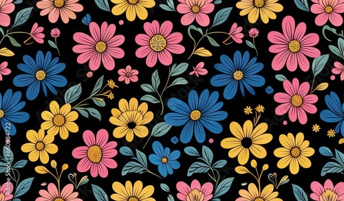 seamless pattern with flowers and leaf. color flowers pink yellow blue baby blue. floral background. wallpaper flower. 