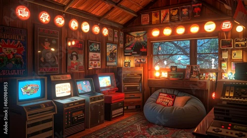 Retro gaming room with classic consoles and cozy decor, animation background loop