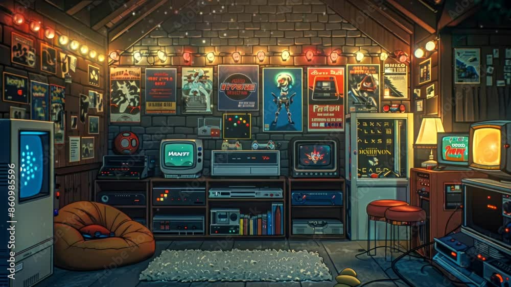 Cozy retro arcade room with vintage games and bean bag, animation background loop