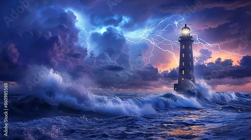 Flash of lightning illuminating a stormy sea, with waves crashing against a lighthouse, capturing the power and fury of nature. Illustration, Minimalism, photo
