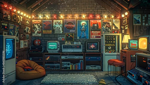 Cozy retro arcade room with vintage games and bean bag, animation background loop