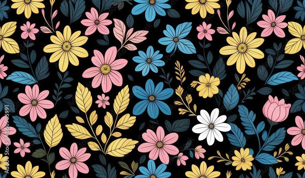 seamless pattern with flowers and leaf. color flowers pink yellow blue baby blue. floral background. wallpaper flower. seamless pattern with flowers and leaf. color flowers pink yellow blue baby blue. floral background. wallpaper flower.