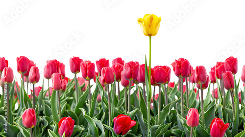 A single yellow tulip stands out among a group of red tulips, symbolizing individuality and uniqueness in a vibrant floral display.