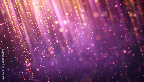 Lumières scintillantes dorées avec un arrière-plan violet avec effet de bokeh - strass paillettes couleur or rayon tombant sur un espace négatif copyspace