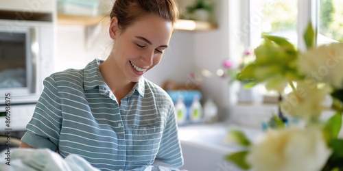 A woman in a striped blue shirt smiling and smelling a stack of freshly laundered clothes in a bright, clean laundry room. photo
