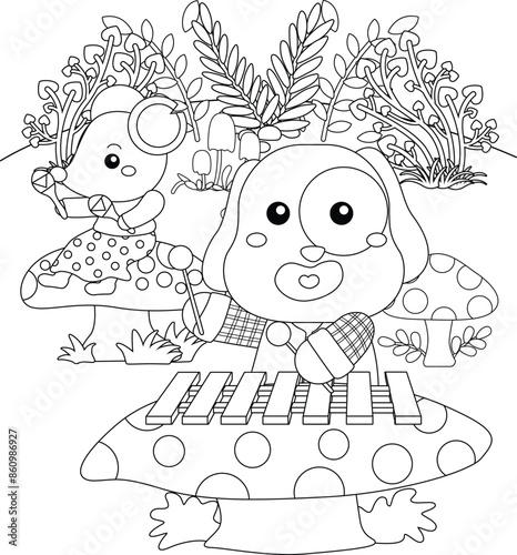 Cute and Funny Animal Musicians Playing Music Instrumental Cartoon Coloring Activity for Kids and Adult
