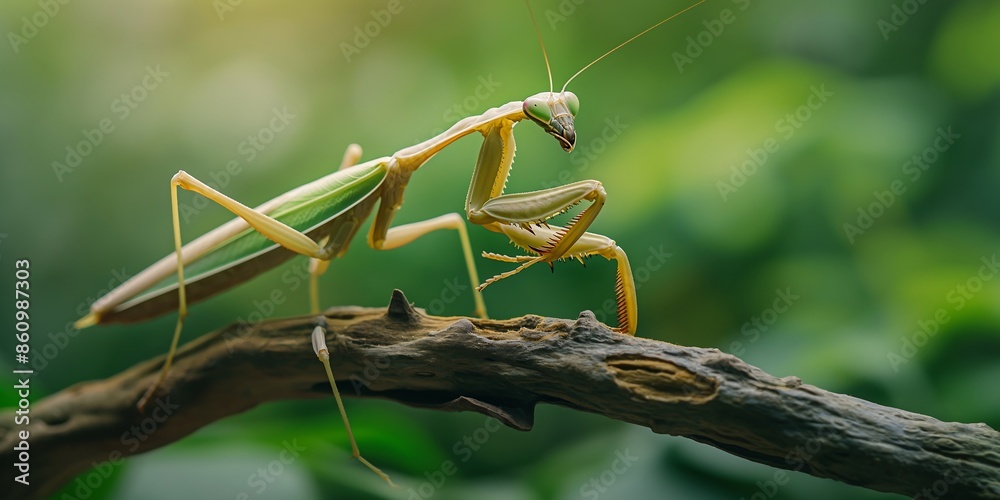 praying mantis on a branch, Grasshopper Leaping in Field A dynamic full-body shot of a grasshopper mid-leap in a grassy field, emphasizing its powerful legs and agile movement. 