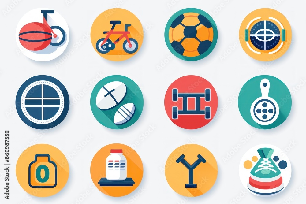 A vibrant set of 2D icons showcasing different sports and activities Features icons for football running and gym workouts Each icon is distinct and easily recognizable suitable for a variety of A vibrant set of 2D icons showcasing different sports and activities Features icons for football running and gym workouts Each icon is distinct and easily recognizable suitable for a variety of