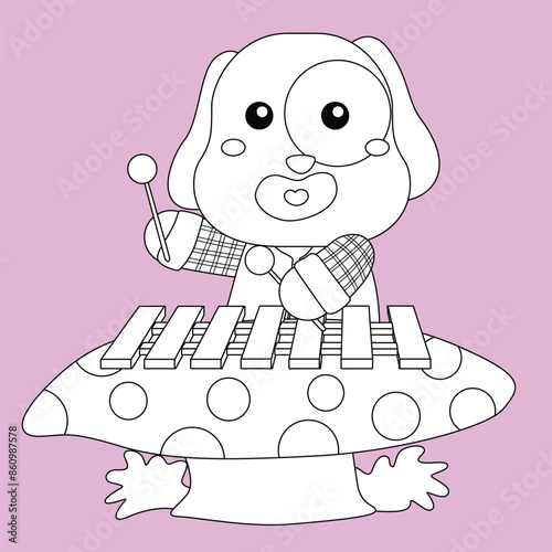 Cute Dog Animal Musicians Playing Music Melody Instrumental Cartoon Digital Stamp Outline