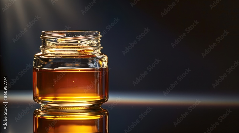 Studio shot of a honey jar on a reflective surface with clean lines and precise details ideal for product photography Studio shot of a honey jar on a reflective surface with clean lines and precise details ideal for product photography