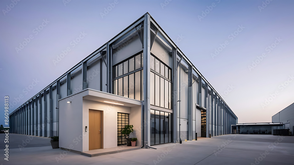 Obraz premium Exterior of a modern warehouse with a small office unit