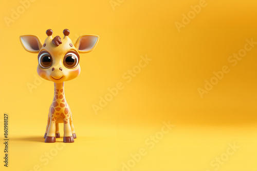 mignonne girafe dans le style chibi avec de grands yeux, de face, personnage dessin animé effet relief 3D sur fond jaune avec un espace négatif copyspace photo