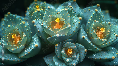 Detailed illustration of an Obregonia cactus, showcasing its geometric, star-shaped structure and tiny yellow blooms. Illustration, Minimalism, photo