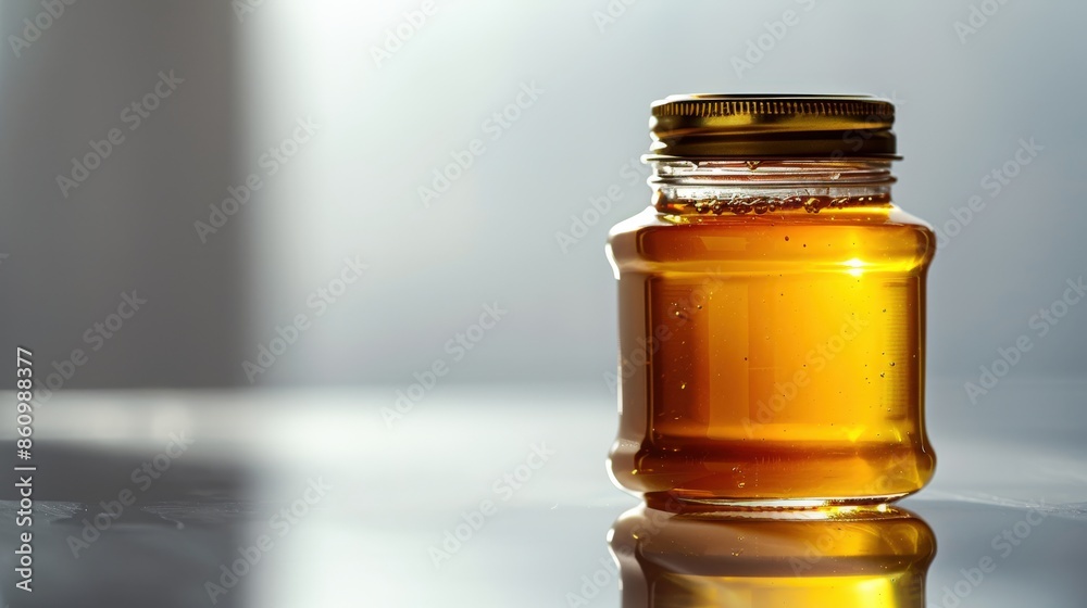 Studio shot of a honey jar on a reflective surface with clean lines and precise details ideal for product photography Studio shot of a honey jar on a reflective surface with clean lines and precise details ideal for product photography