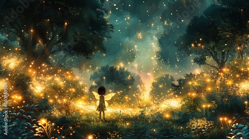 Wonder-filled scene of a child discovering a hidden fairy garden in a forest, with glowing lights and magical creatures. Illustration, Minimalism, photo