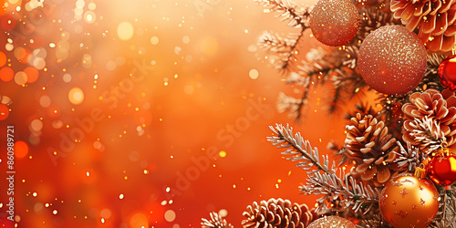 Festliches Feiertagsbanner mit glitzernden Dekorationen, Christbaumkugeln und einem warmen, einladenden Farbschema, das für saisonale Verkäufe wirbt, photo