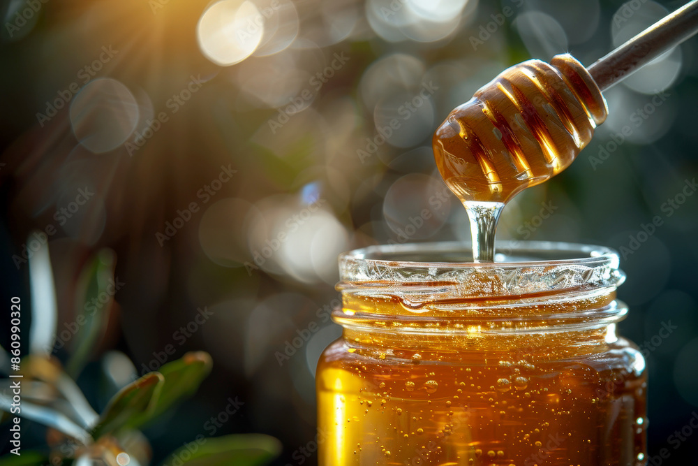 A jar of fresh natural honey and wild flowers sits on top of a tree stump in an apiary. A jar of fresh natural honey and wild flowers sits on top of a tree stump in an apiary.
