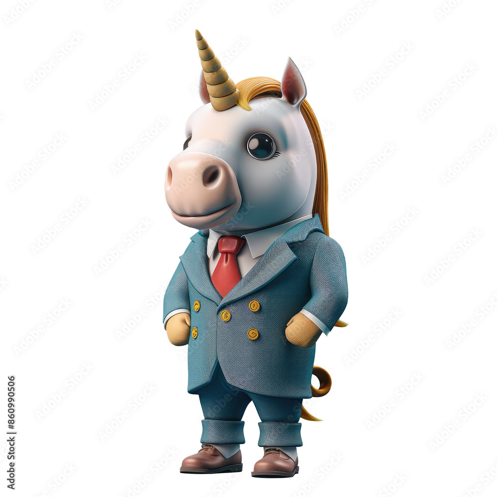 Fototapeta premium animal crossing of anthropomorphic unicorn as businessman, full body, standing on 2 legs, 3d character cartoon isolated on transparent background