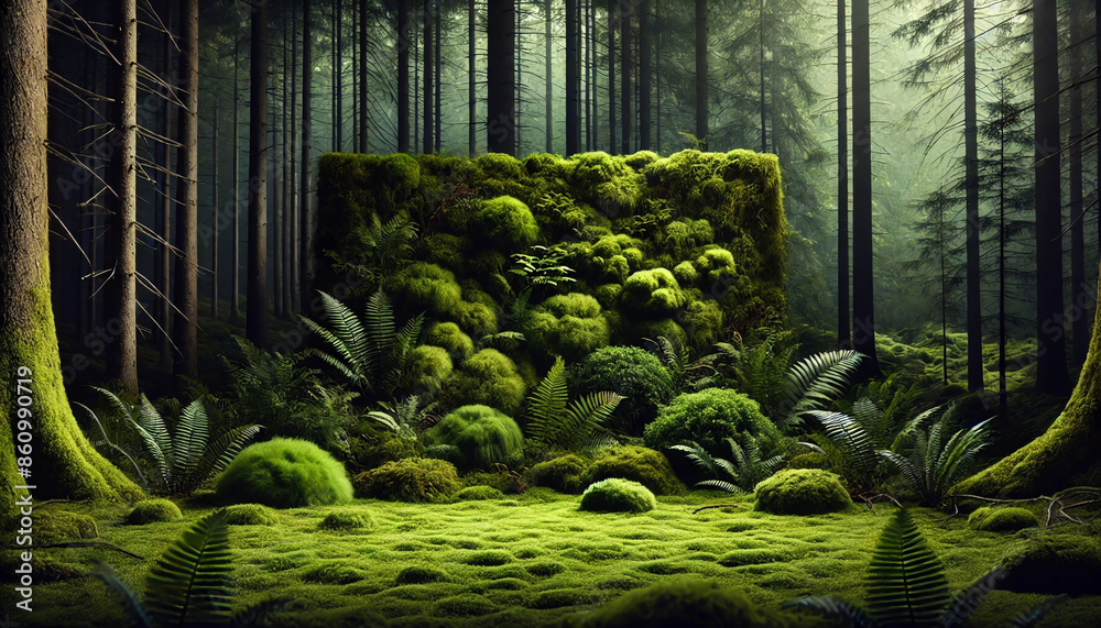 Fototapeta premium A dark forest background featuring green moss, designed as a backdrop for displaying products.