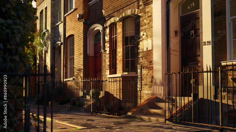 Fototapeta premium Traditional brick terraced houses in London England : Generative AI