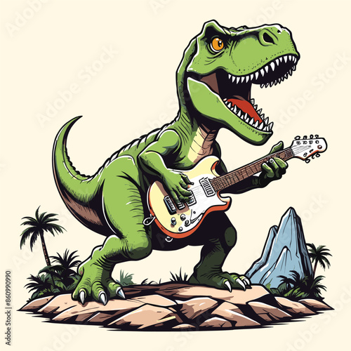 Rock in' Dinosaur Guitarist Vintage Illustration