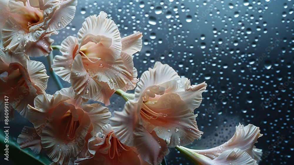Obraz premium Close-up of gladiolus petals behind foggy glass with raindrops, dark background, elegant reds, still life photo.