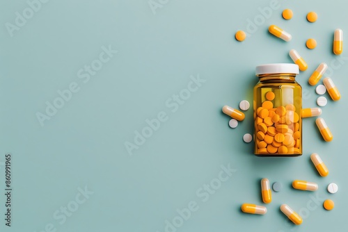 An orange pills on soft background, Virtual health consultation, emedication, quick prescription, clean medical ad, blank space photo