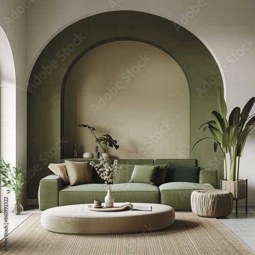 Spacious modern living room design featuring a green sofa, arch doorway, and indoor plants