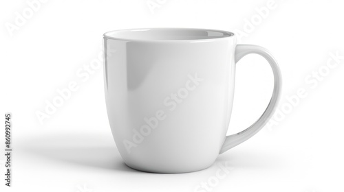 A white cup with a handle sits on a white background. Generate AI image