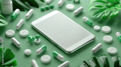 A mobile phone and Multi pills, Prescription, digital healthcare, medication advice, patient support, minimalist ad photo