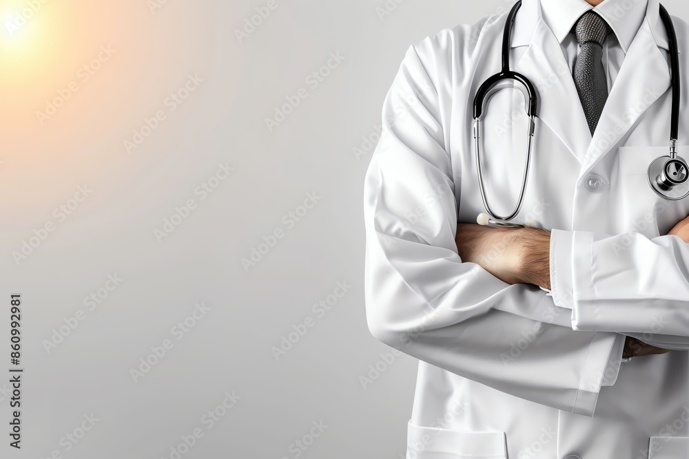 A doctor in lab white coat, Clinical study, data analysis, medical research, clean design, Copy space