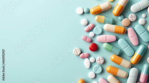 Multi color of pills, online medication, doctor consultation, healthcare delivery, ad blank space