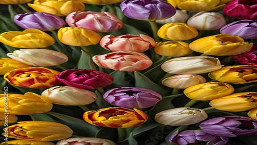  A lot of red and yellow tulips swaying in the wind, vertical, top view. photo