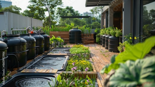 Back office rooftop with rainwater harvesting setup, featuring collectors and storage tanks, emphasizing water conservation efforts