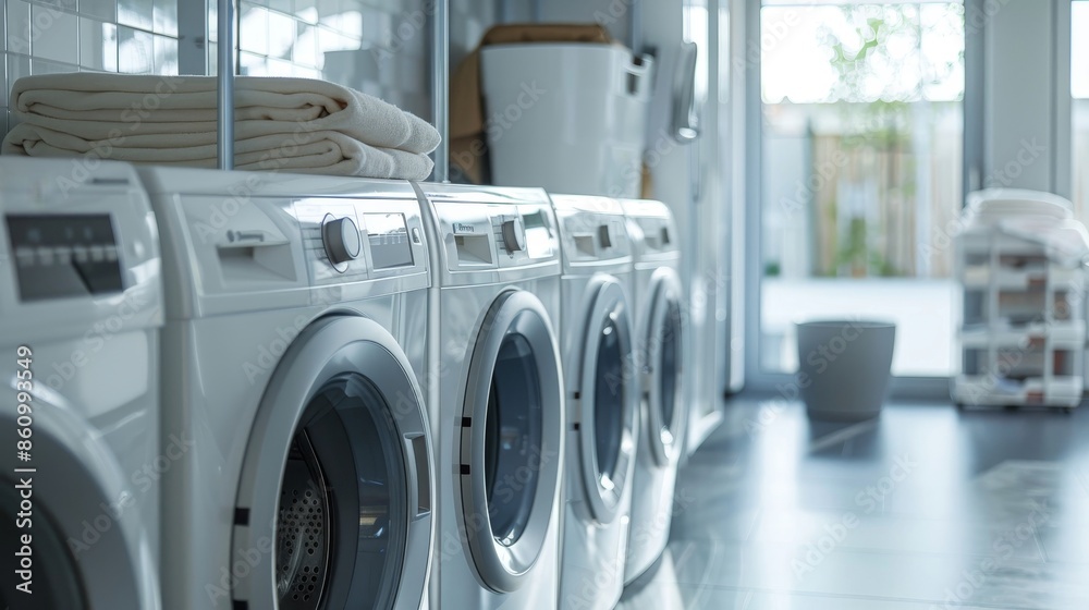 Cascading, layered washing machines in a modern laundry interior, stylish design, emphasizing space-saving and functionality Cascading, layered washing machines in a modern laundry interior, stylish design, emphasizing space-saving and functionality