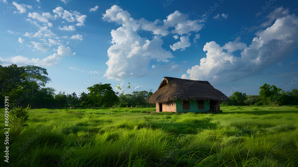 Traditional Indian village house surrounded by green grass and beatiful cloudy blue sky Village landscape : Generative AI Traditional Indian village house surrounded by green grass and beatiful cloudy blue sky Village landscape : Generative AI