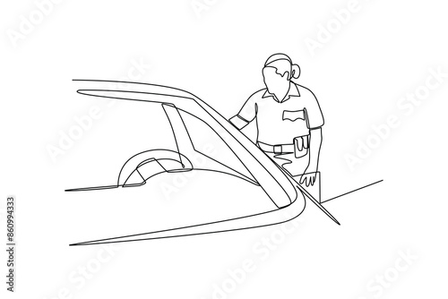 Single continuous line drawing a female police officer is checking the condition of her car before using it. Road patrol activity icon. One line draw graphic design vector illustration.