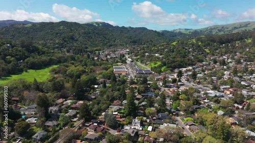 Distant and high elevation drone shot of Fairfax, California on a sunny day photo