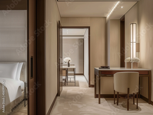 Elegantes, modernen Hotelzimmers. Das Zimmer verfügt über einen Frisiertisch und ein Kingsize-Bett. Der Kosmetikspiegel ist ein Ausstellungsspiegel