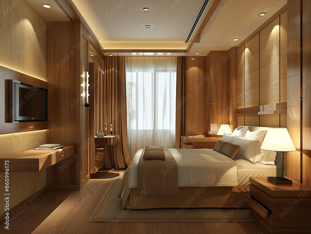 Fototapeta premium Elegantes, modernen Hotelzimmers. Das Zimmer verfügt über einen Frisiertisch und ein Kingsize-Bett. Der Kosmetikspiegel ist ein Ausstellungsspiegel