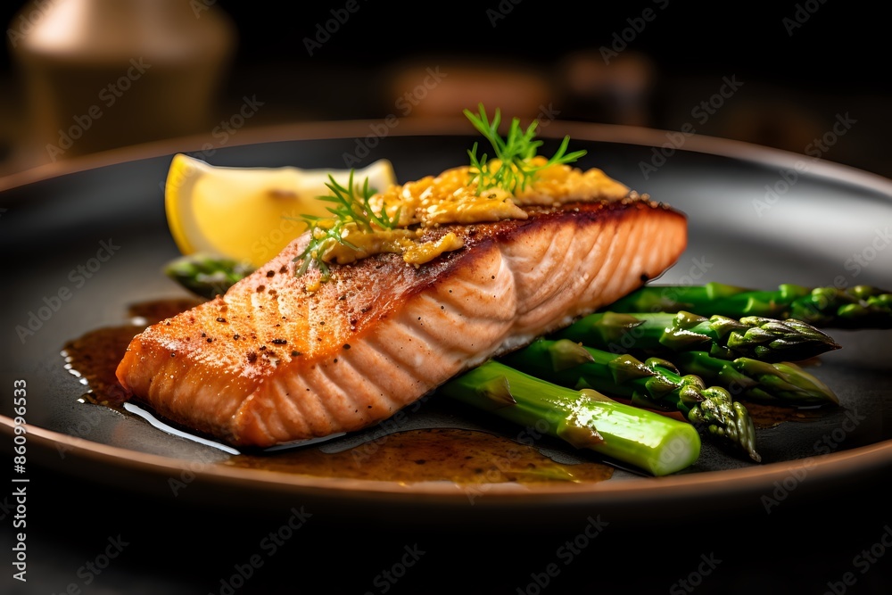 A close-up of a delicious salmon fillet with asparagus and a lemon wedge. A close-up of a delicious salmon fillet with asparagus and a lemon wedge.