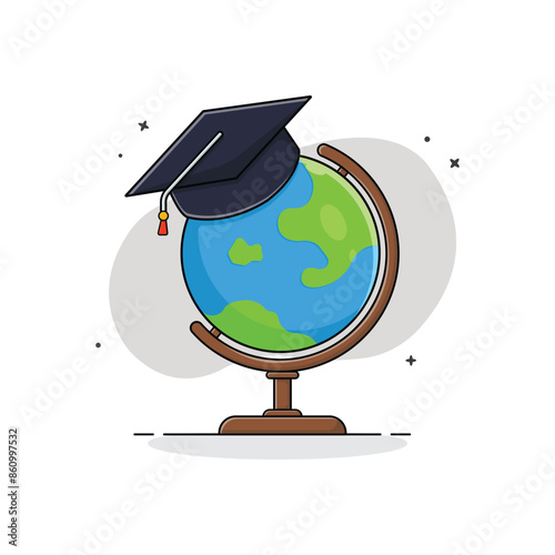 Wooden Earth Globe with Graduation Hat Vector Illustration. Graduation Concept Design