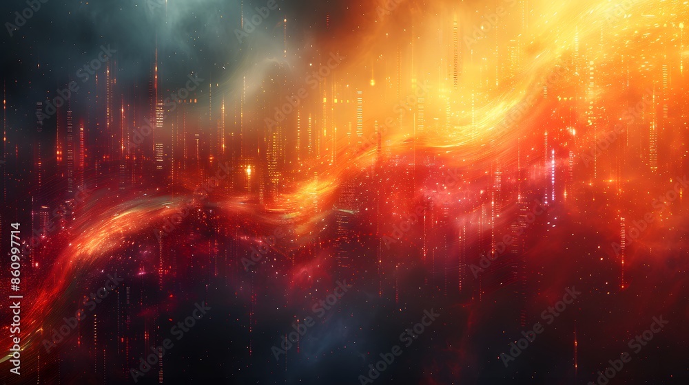 Digital Cityscape with Red and Orange Nebula Digital Cityscape with Red and Orange Nebula