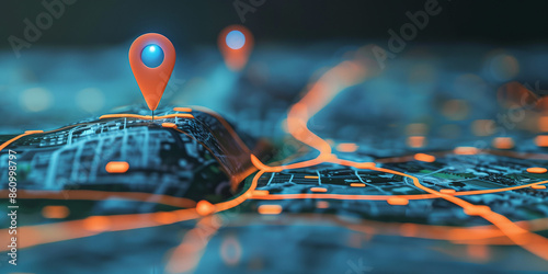 Eine digitale Karte, die einen Standort mit gesetzten Pins anzeigt, die KI-Technologie im GPS, Innovationen bei Lieferdiensten und Kartenstandorte für die zukünftige Transportlogistik darstellt