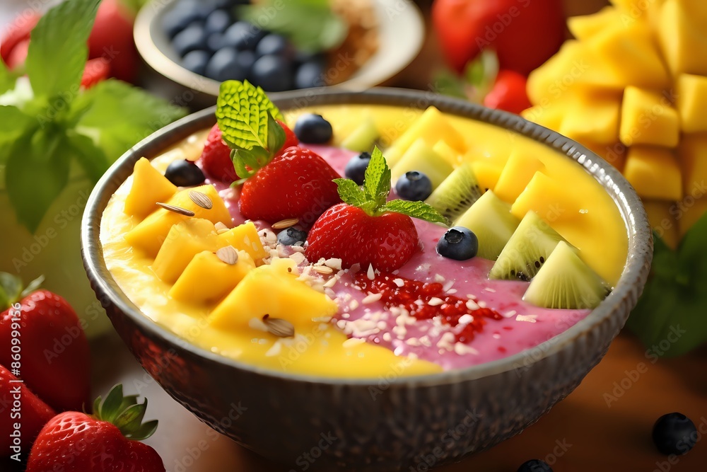 Delicious and healthy fruit smoothie bowl with mango, strawberry, kiwi, and blueberries. Delicious and healthy fruit smoothie bowl with mango, strawberry, kiwi, and blueberries.