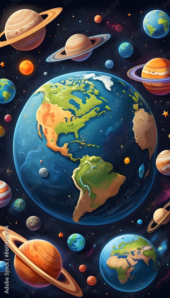 Naklejka premium Celestial Symphony: A Colorful Depiction of Planets in Space