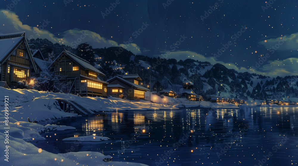 Fototapeta premium Background Of The Night Winter Landscape Of The Countryside With A Small House Mountains And A River Watercolor Illustration