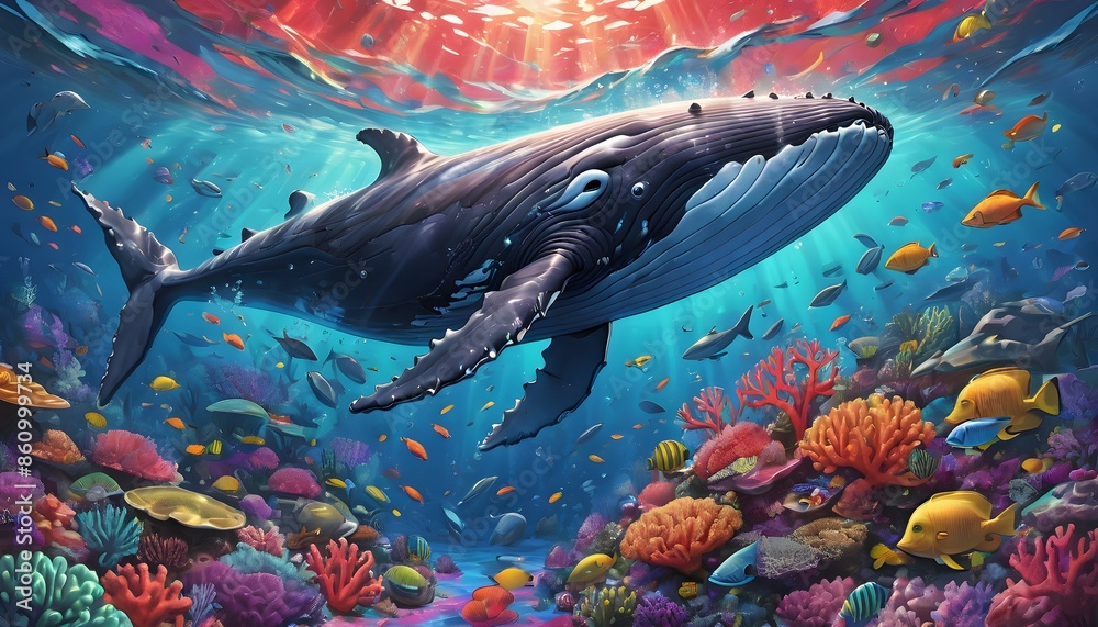 Fototapeta premium Whale and Coral Reef Underwater Scene