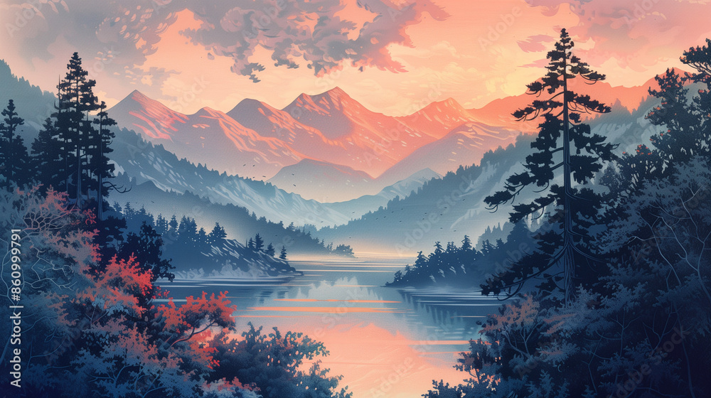 Background Of A Forest Landscape With A River and Mountains In Watercolor Background Of A Forest Landscape With A River and Mountains In Watercolor